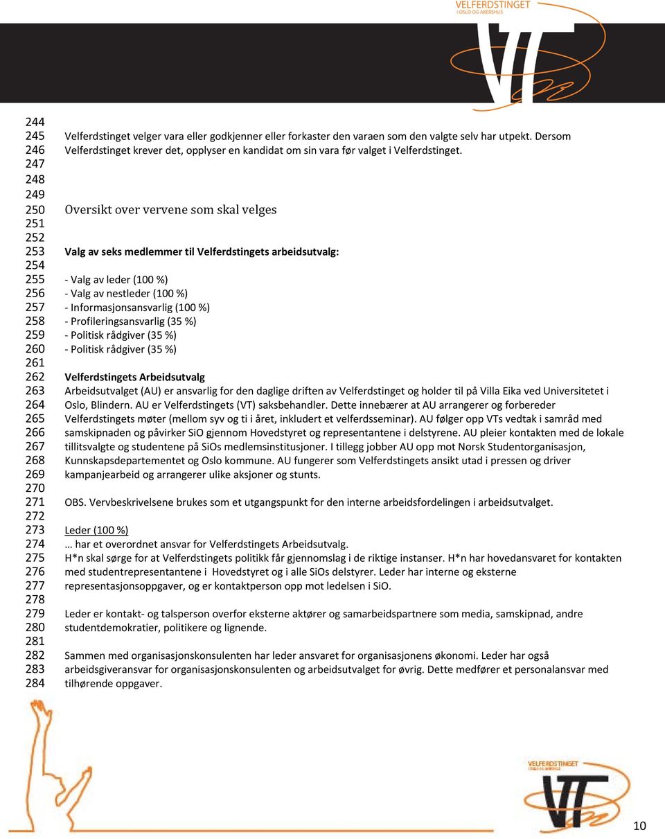 Oversikt over vervene som skal velges Valg av seks medlemmer til Velferdstingets arbeidsutvalg: - Valg av leder (100 %) - Valg av nestleder (100 %) - Informasjonsansvarlig (100 %) -