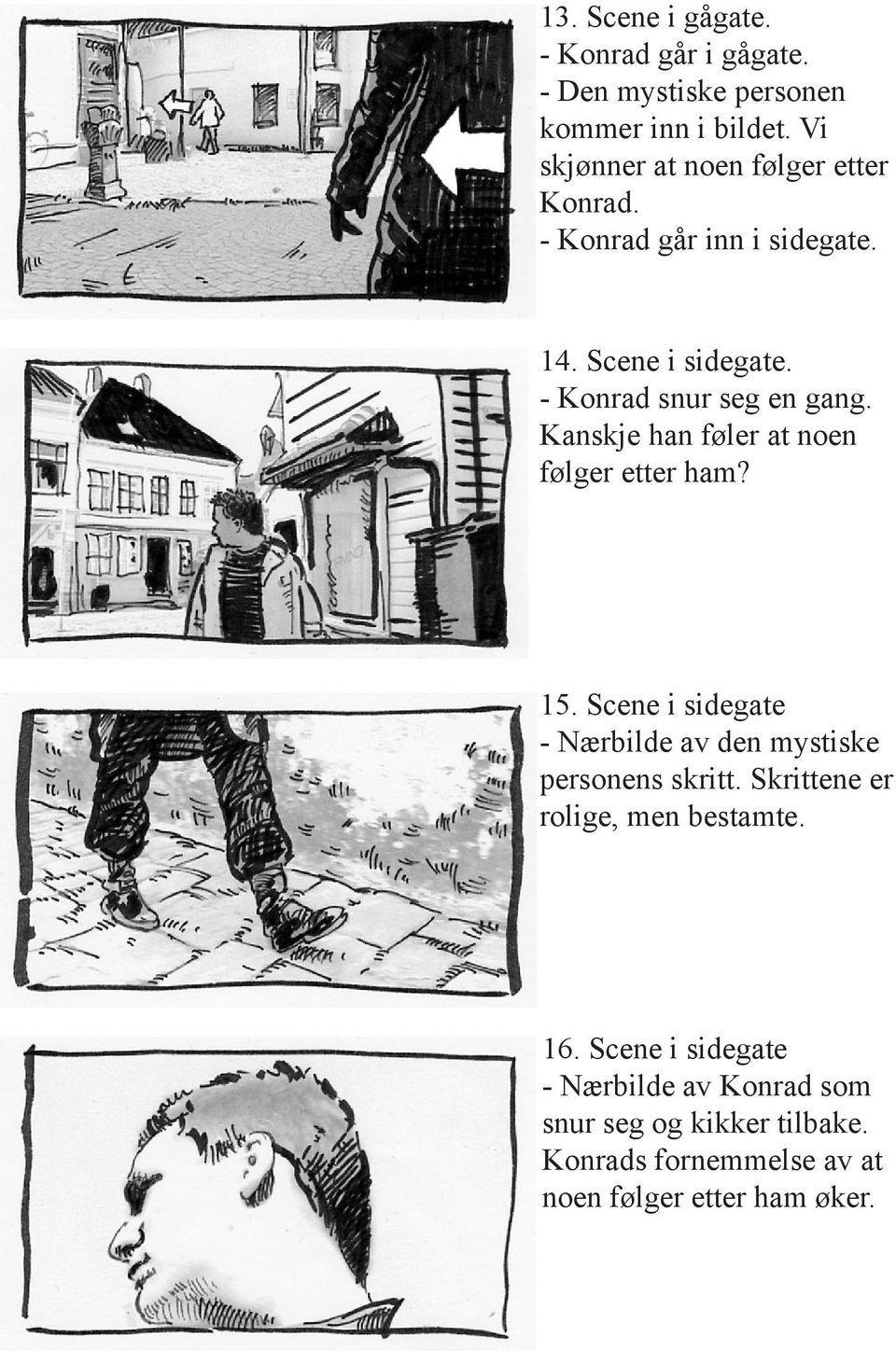 Kanskje han føler at noen følger etter ham? 15. Scene i sidegate - Nærbilde av den mystiske personens skritt.