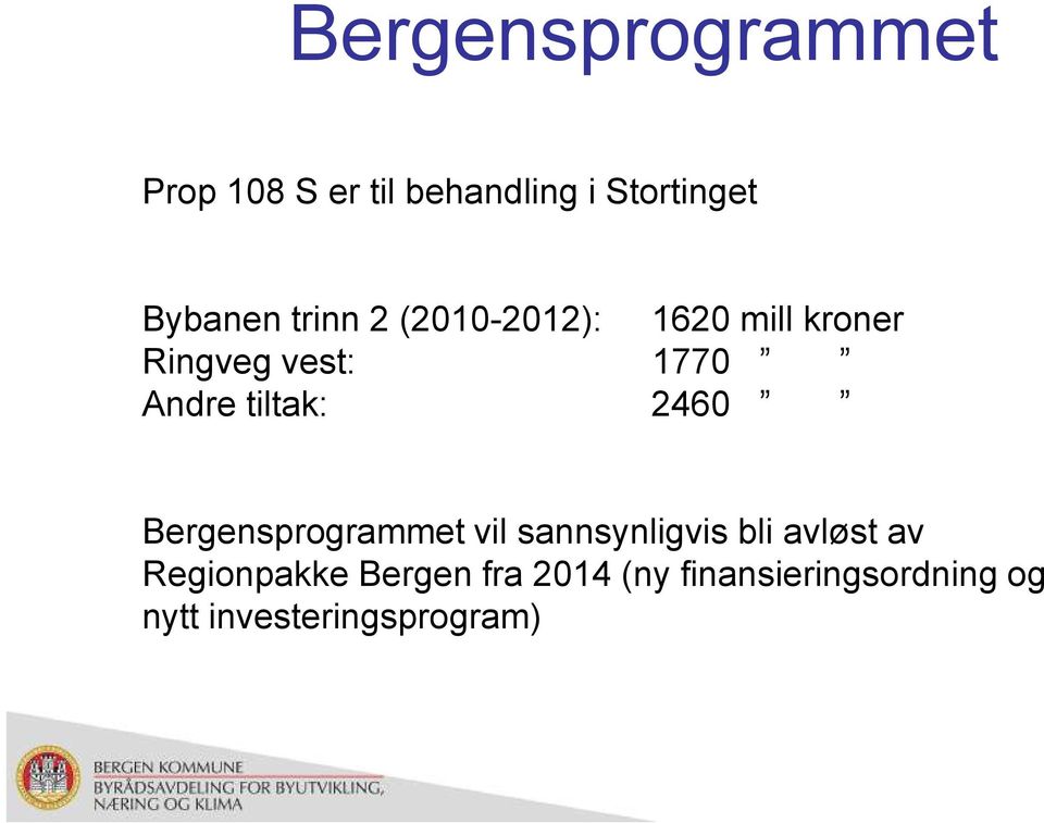 tiltak: 2460 Bergensprogrammet vil sannsynligvis bli avløst av