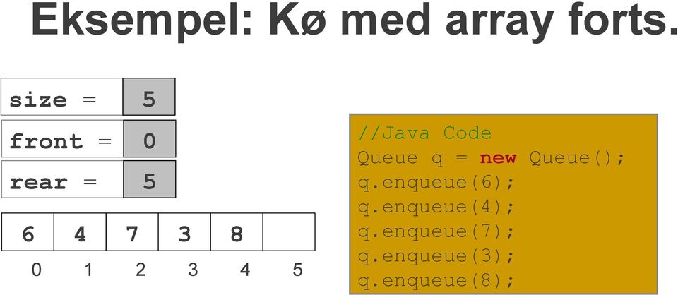 2 3 4 5 //Java Code Queue q = new Queue(); q.