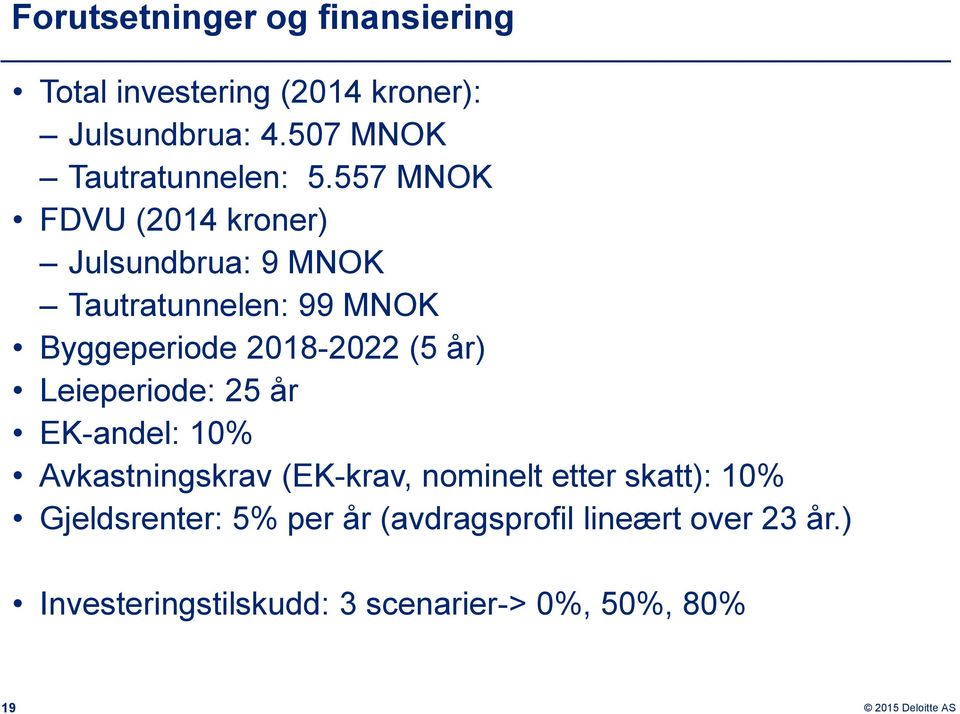 557 MNOK FDVU (2014 kroner) Julsundbrua: 9 MNOK Tautratunnelen: 99 MNOK Byggeperiode 2018-2022 (5 år)