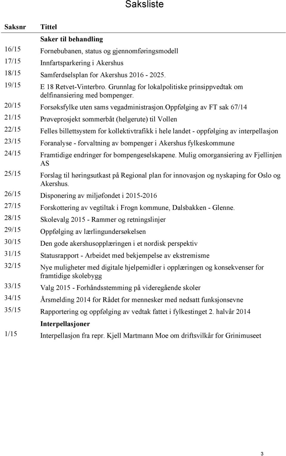 oppfølging av FT sak 67/14 21/15 Prøveprosjekt sommerbåt (helgerute) til Vollen 22/15 Felles billettsystem for kollektivtrafikk i hele landet - oppfølging av interpellasjon 23/15 Foranalyse -