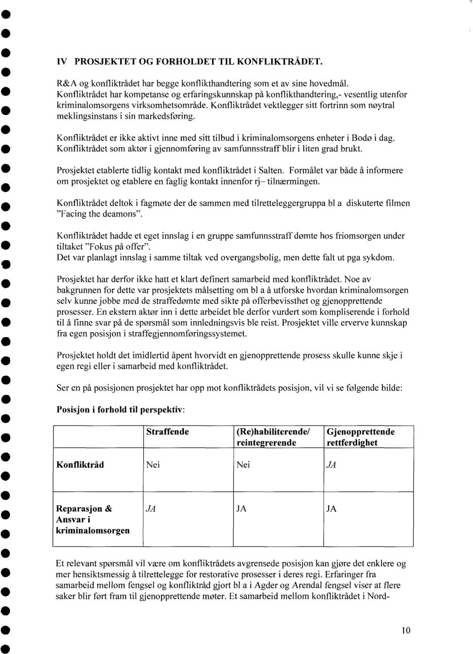 Konfliktrådet vektlegger sitt fortrinn som nøytral meklingsinstans i sin markedsføring. Konfliktrådet er ikke aktivt inne med sitt tilbud i kriminalomsorgens enheter i Bodø i dag.