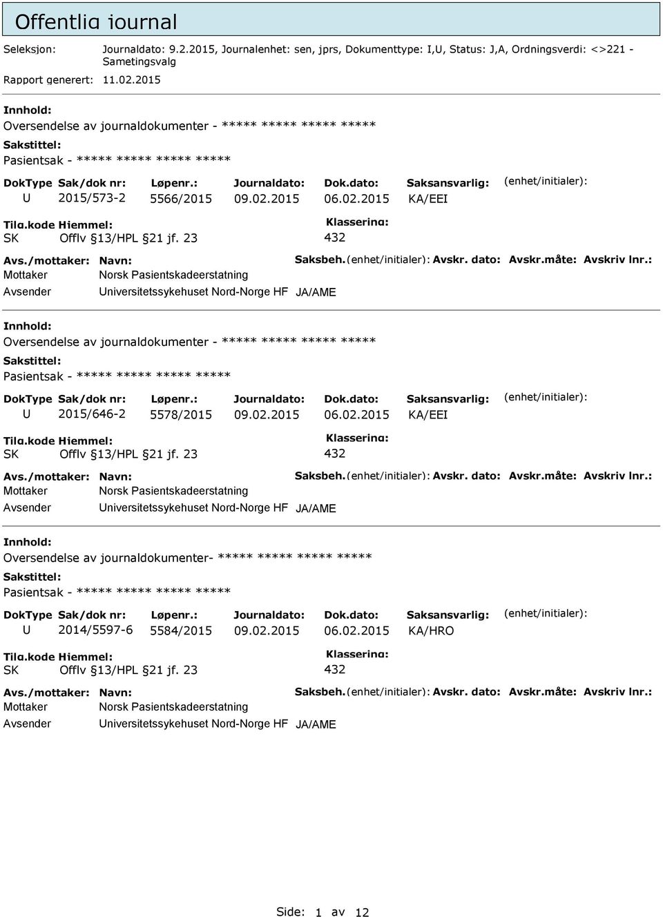 : Mottaker Norsk Pasientskadeerstatning niversitetssykehuset Nord-Norge HF JA/AME nnhold: Oversendelse av journaldokumenter - ***** ***** ***** ***** 2015/646-2 5578/2015 KA/EE Avs.