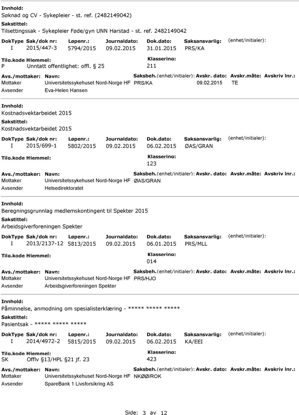 : Mottaker niversitetssykehuset Nord-Norge HF PRS/KA TE Eva-Helen Hansen nnhold: Kostnadsvektarbeidet 2015 Kostnadsvektarbeidet 2015 2015/699-1 5802/2015 ØAS/GRAN 123 Avs./mottaker: Navn: Saksbeh.