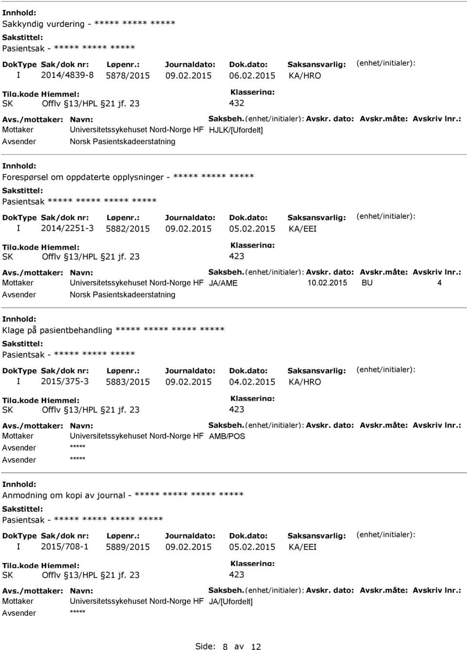 2014/2251-3 5882/2015 KA/EE Avs./mottaker: Navn: Saksbeh. Avskr. dato: Avskr.måte: Avskriv lnr.: Mottaker niversitetssykehuset Nord-Norge HF JA/AME 10.02.