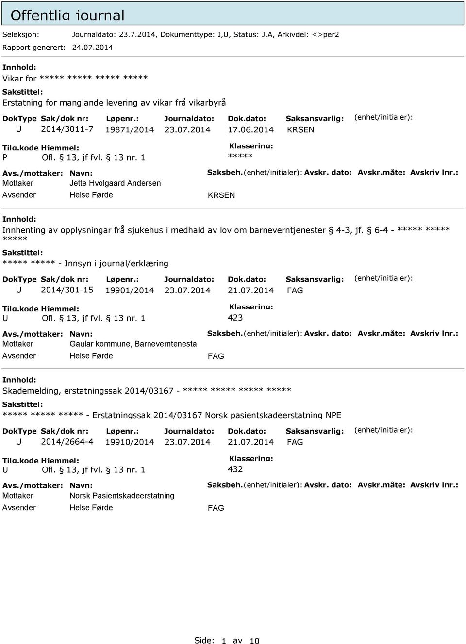 2014 KRSEN ***** Mottaker Jette Hvolgaard Andersen KRSEN nnhenting av opplysningar frå sjukehus i medhald av lov om barneverntjenester 4-3, jf.