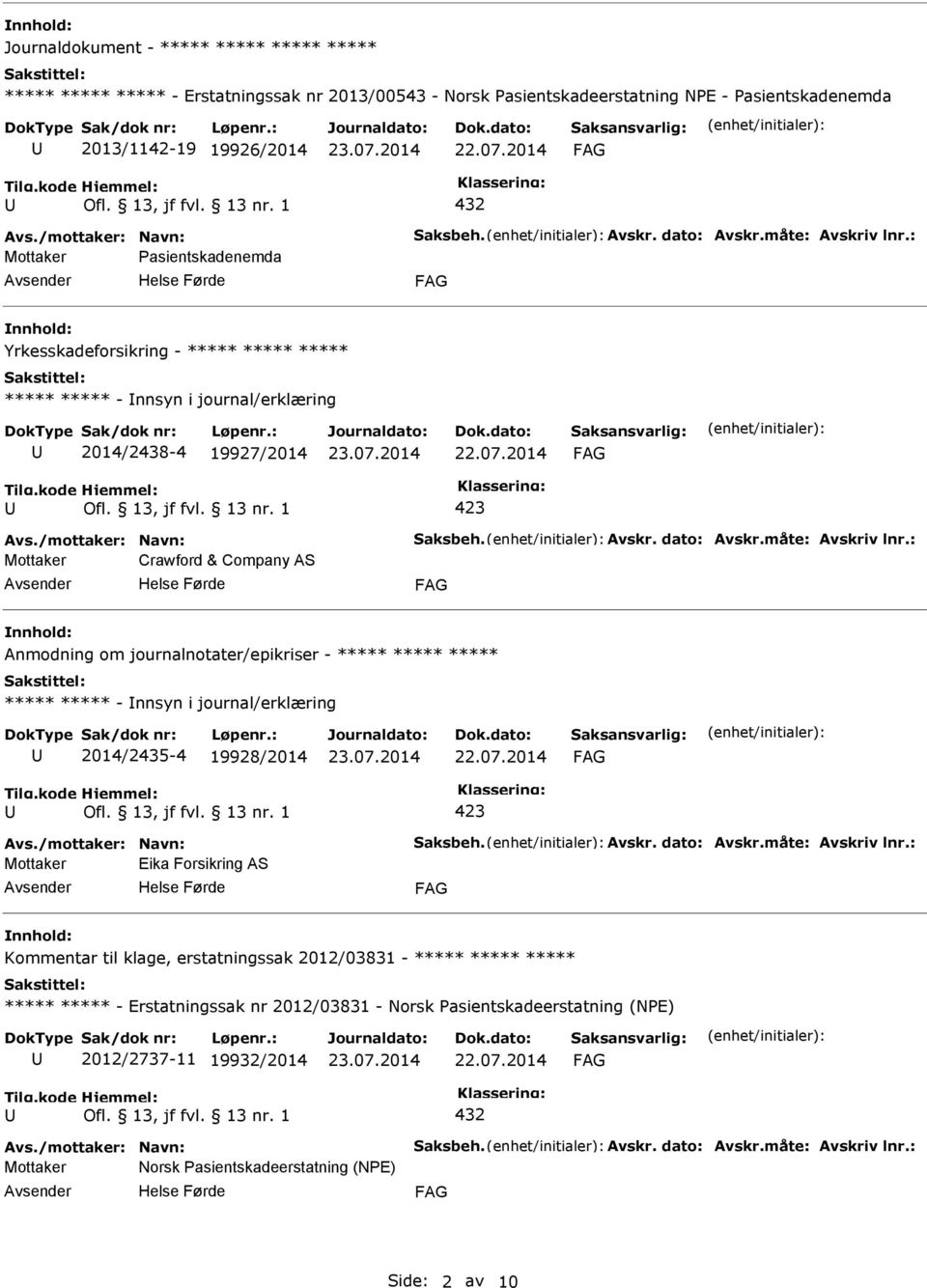 journalnotater/epikriser - ***** ***** ***** ***** ***** - nnsyn i journal/erklæring 2014/2435-4 19928/2014 Mottaker Eika Forsikring AS Kommentar til klage, erstatningssak