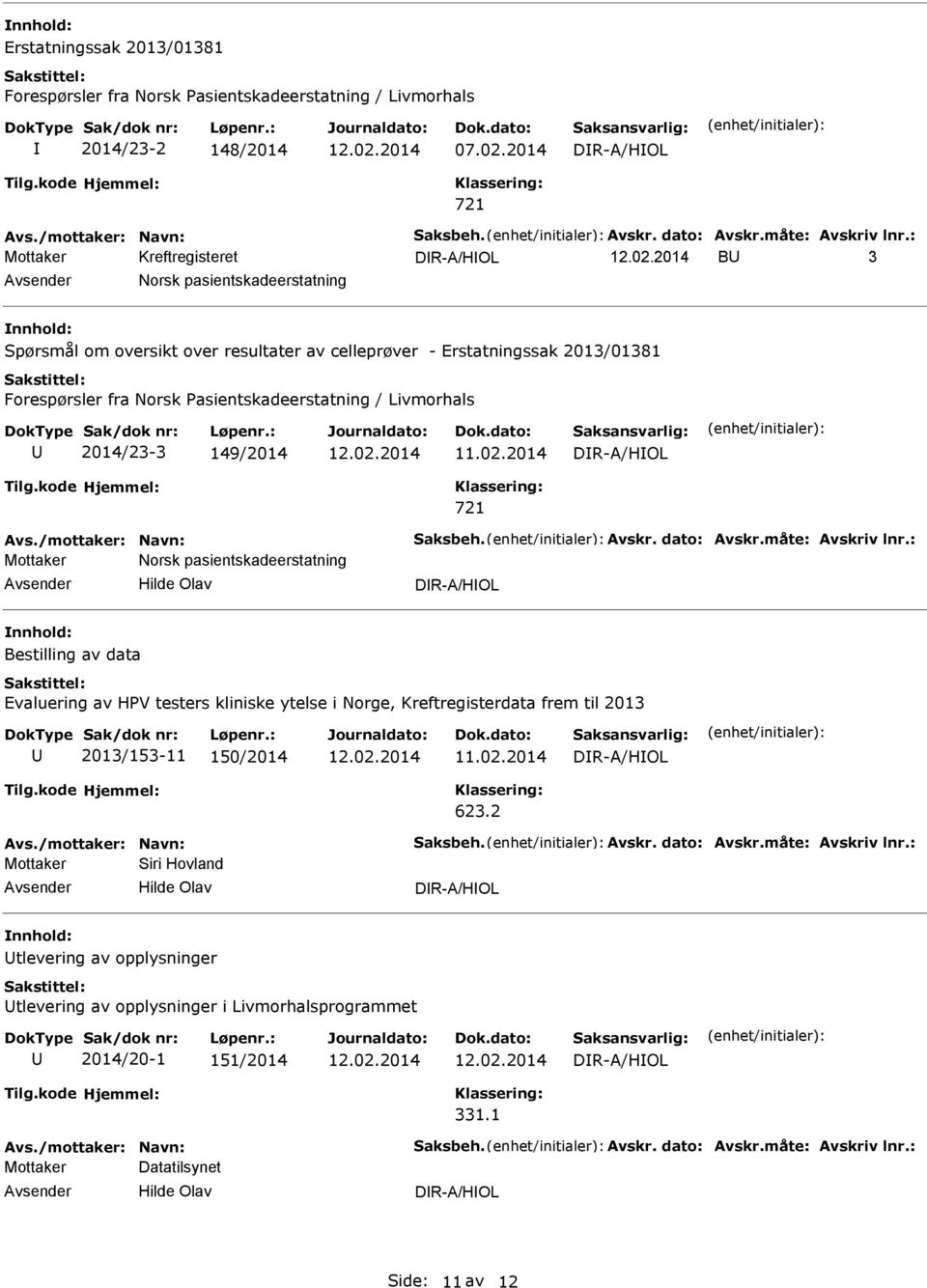 2014 Mottaker Norsk pasientskadeerstatning Bestilling av data Evaluering av HPV testers kliniske ytelse i Norge, Kreftregisterdata frem til 2013 2013/153-11