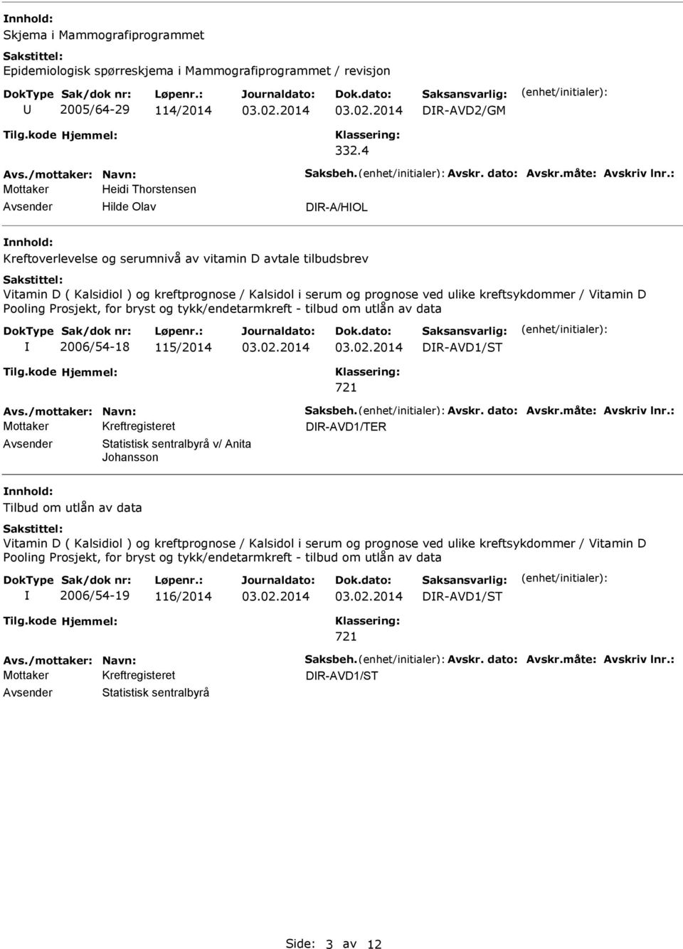 Vitamin D Pooling Prosjekt, for bryst og tykk/endetarmkreft - tilbud om utlån av data 2006/54-18 115/2014 DR-AVD1/ST DR-AVD1/TER Statistisk sentralbyrå v/ Anita Johansson Tilbud om utlån av