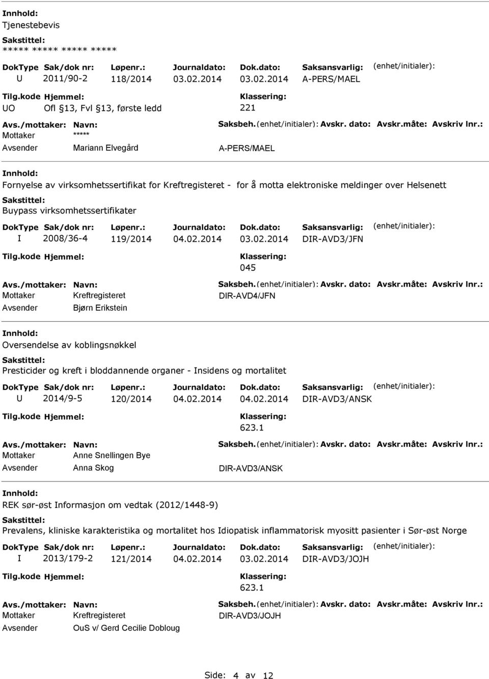 Buypass virksomhetssertifikater 2008/36-4 119/2014 DR-AVD3/JFN 045 DR-AVD4/JFN Bjørn Erikstein Oversendelse av koblingsnøkkel Presticider og kreft i bloddannende organer - nsidens og mortalitet