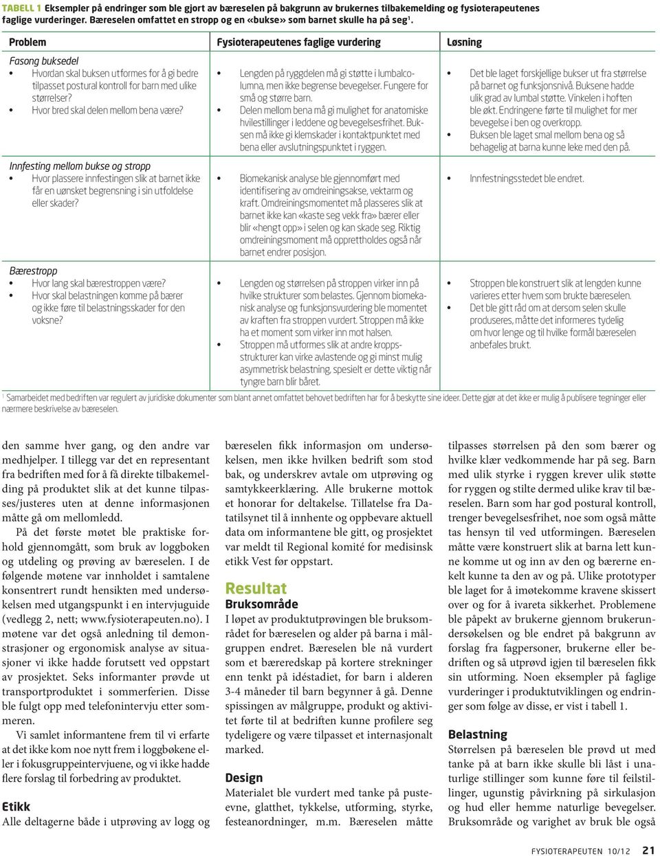 Problem Fysioterapeutenes faglige vurdering Løsning Fasong buksedel Hvordan skal buksen utformes for å gi bedre tilpasset postural kontroll for barn med ulike størrelser?