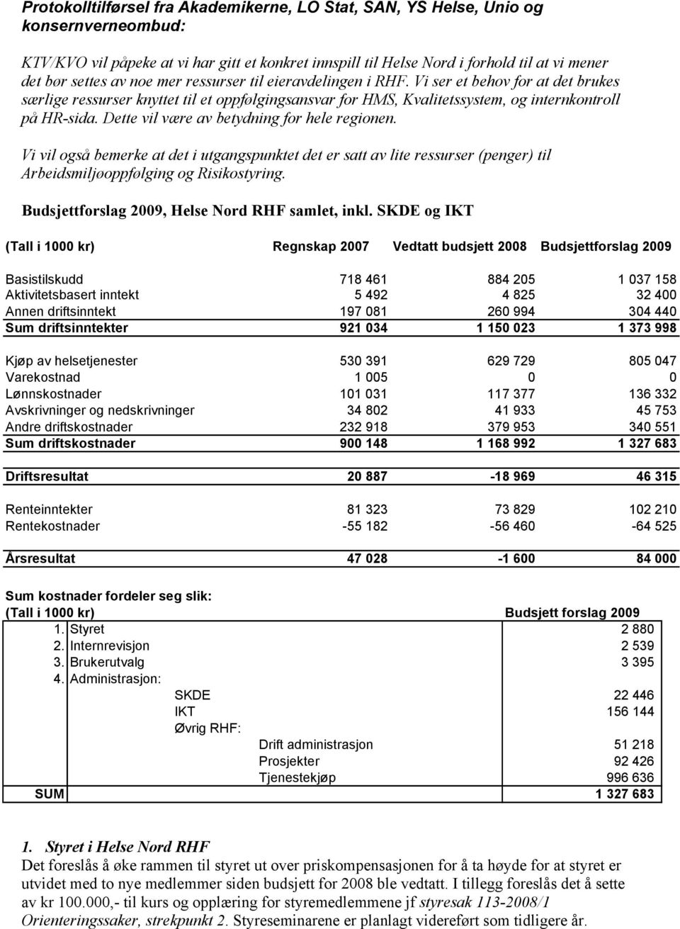 Dette vil være av betydning for hele regionen. Vi vil også bemerke at det i utgangspunktet det er satt av lite ressurser (penger) til Arbeidsmiljøoppfølging og Risikostyring.