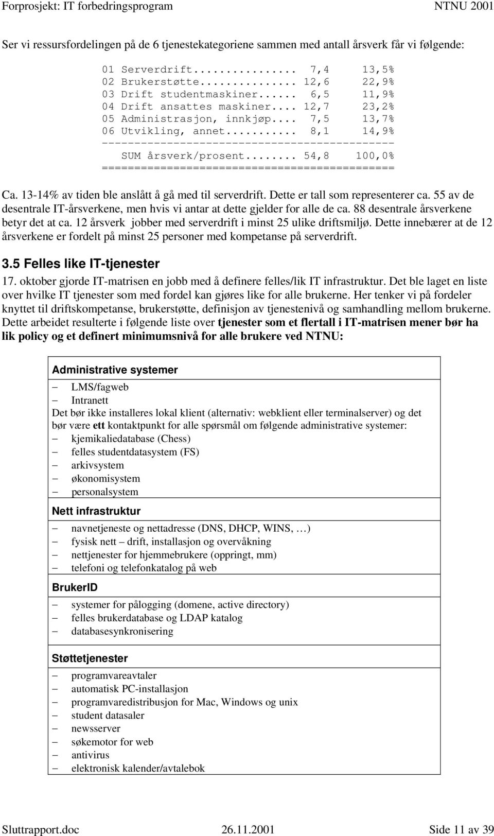 .. 54,8 100,0% ============================================= Ca. 13-14% av tiden ble anslått å gå med til serverdrift. Dette er tall som representerer ca.