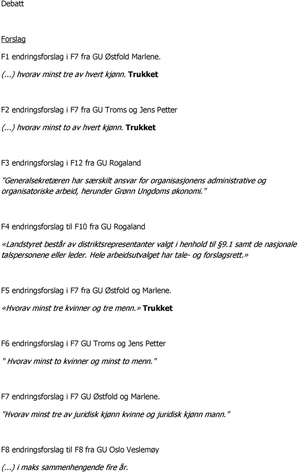 " F4 endringsforslag til F10 fra GU Rogaland «Landstyret består av distriktsrepresentanter valgt i henhold til 9.1 samt de nasjonale talspersonene eller leder.