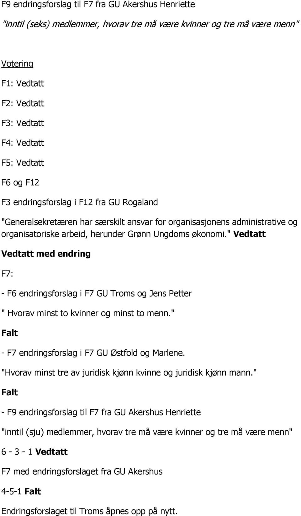 " Vedtatt Vedtatt med endring F7: - F6 endringsforslag i F7 GU Troms og Jens Petter " Hvorav minst to kvinner og minst to menn." Falt - F7 endringsforslag i F7 GU Østfold og Marlene.