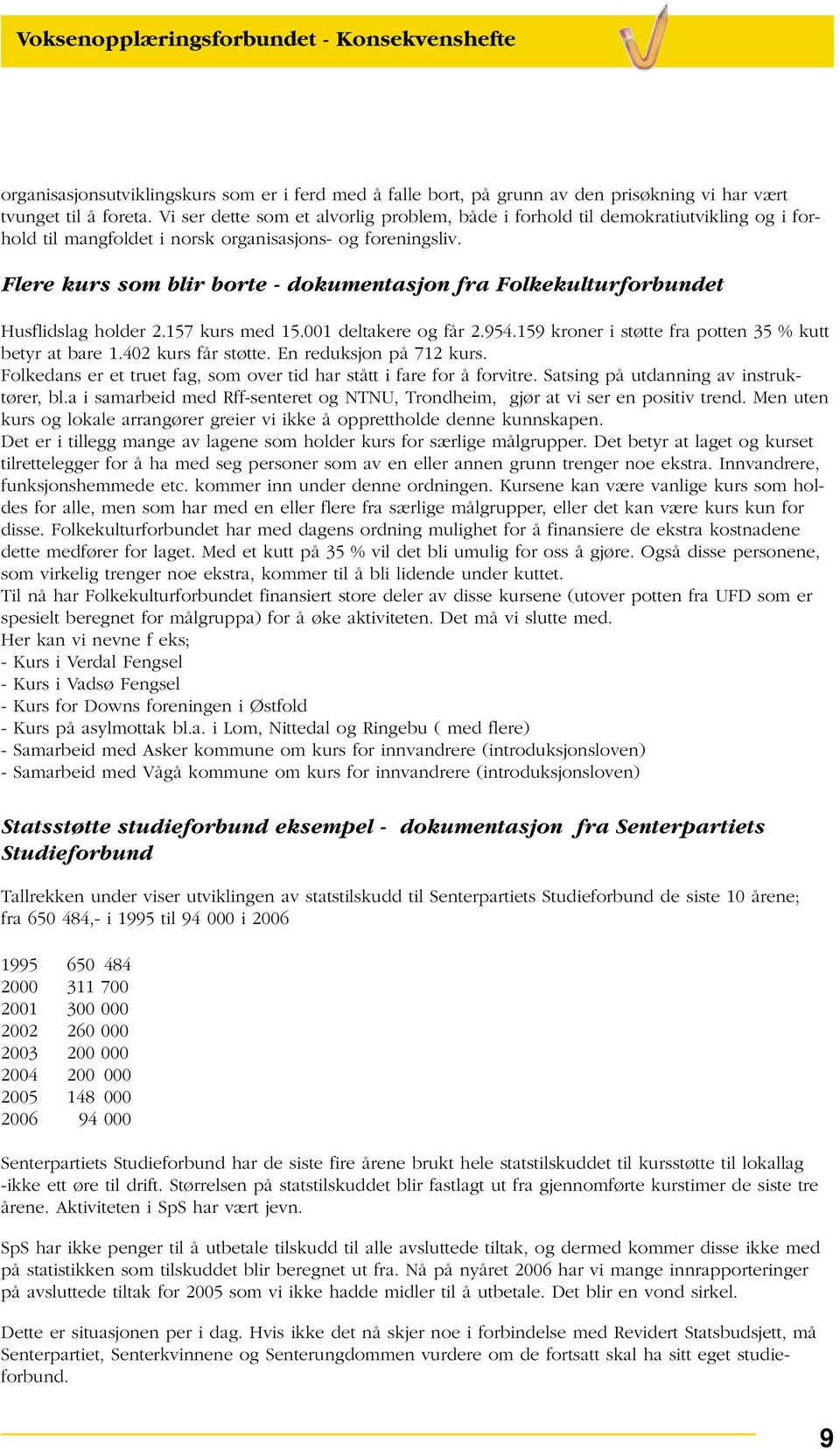 Flere kurs som blir borte - dokumentasjon fra Folkekulturforbundet Husflidslag holder 2.157 kurs med 15.001 deltakere og får 2.954.159 kroner i støtte fra potten 35 % kutt betyr at bare 1.