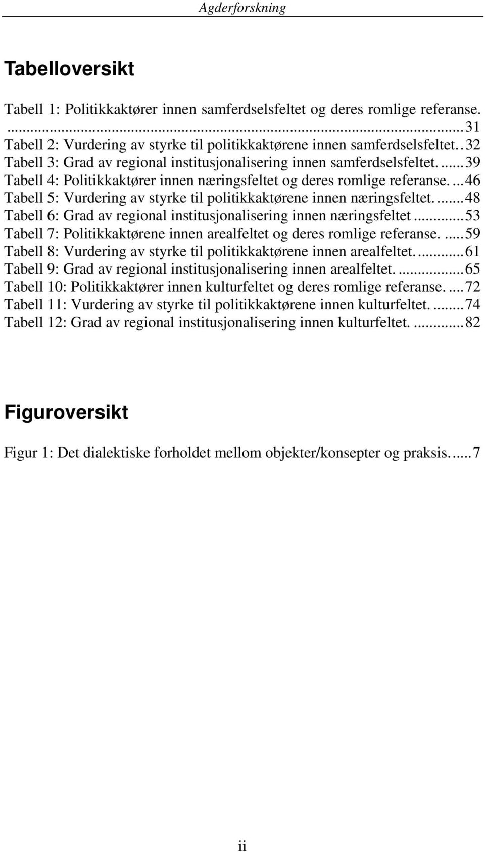 ... 46 Tabell 5: Vurdering av styrke til politikkaktørene innen næringsfeltet.... 48 Tabell 6: Grad av regional institusjonalisering innen næringsfeltet.