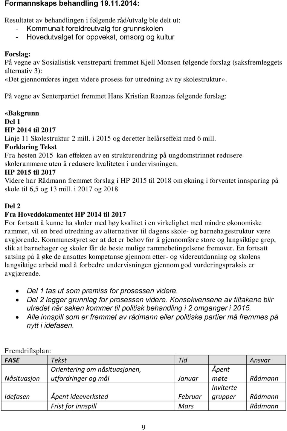 venstreparti fremmet Kjell Monsen følgende forslag (saksfremleggets alternativ 3): «Det gjennomføres ingen videre prosess for utredning av ny skolestruktur».