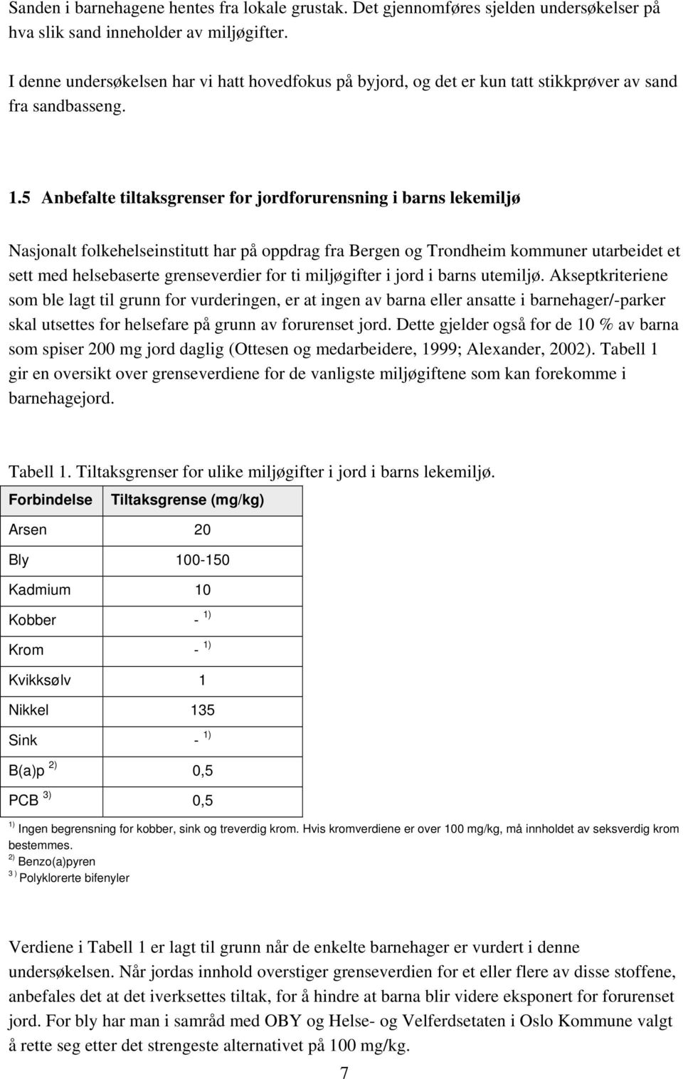 5 Anbefalte tiltaksgrenser for jordforurensning i barns lekemiljø Nasjonalt folkehelseinstitutt har på oppdrag fra Bergen og Trondheim kommuner utarbeidet et sett med helsebaserte grenseverdier for