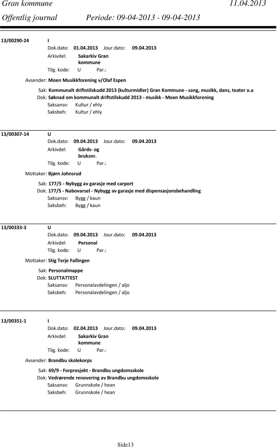 carport Dok: 177/5 Nabovarsel Nybygg av garasje med dispensasjonsbehandling Saksansv: Bygg / kaun Saksbeh: Bygg / kaun 13/00333 3 U Mottaker: Stig Terje Fallingen Dok: SLUTTATTEST 13/00351 1 I Dok.