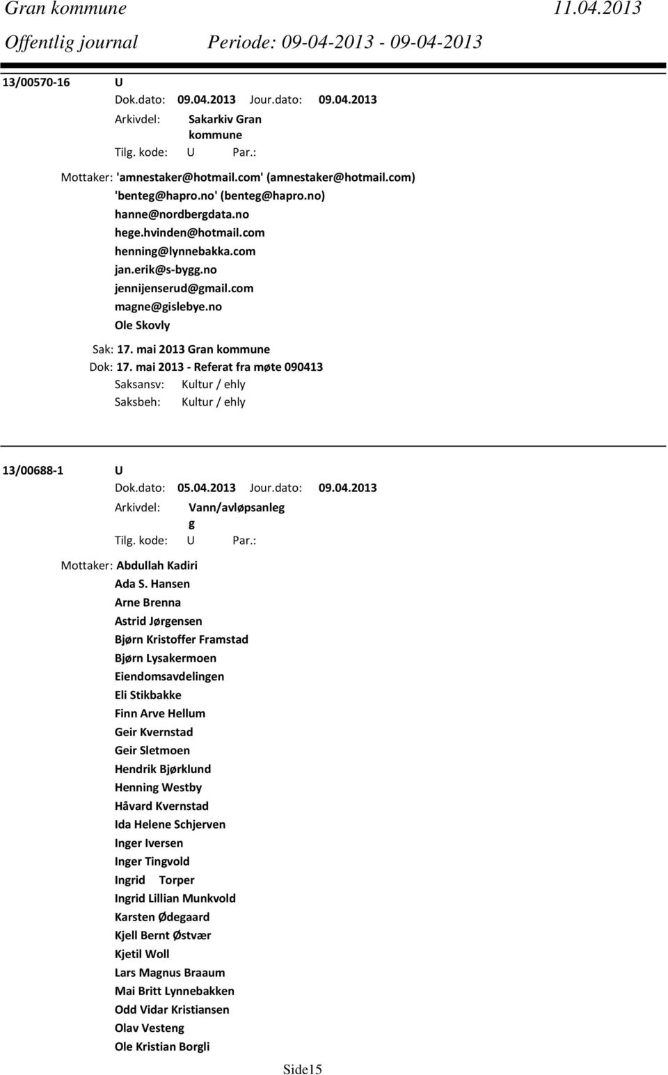 dato: 05.04.2013 Jour.dato: 09.04.2013 Arkivdel: Vann/avløpsanleg g Mottaker: Abdullah Kadiri Ada S.