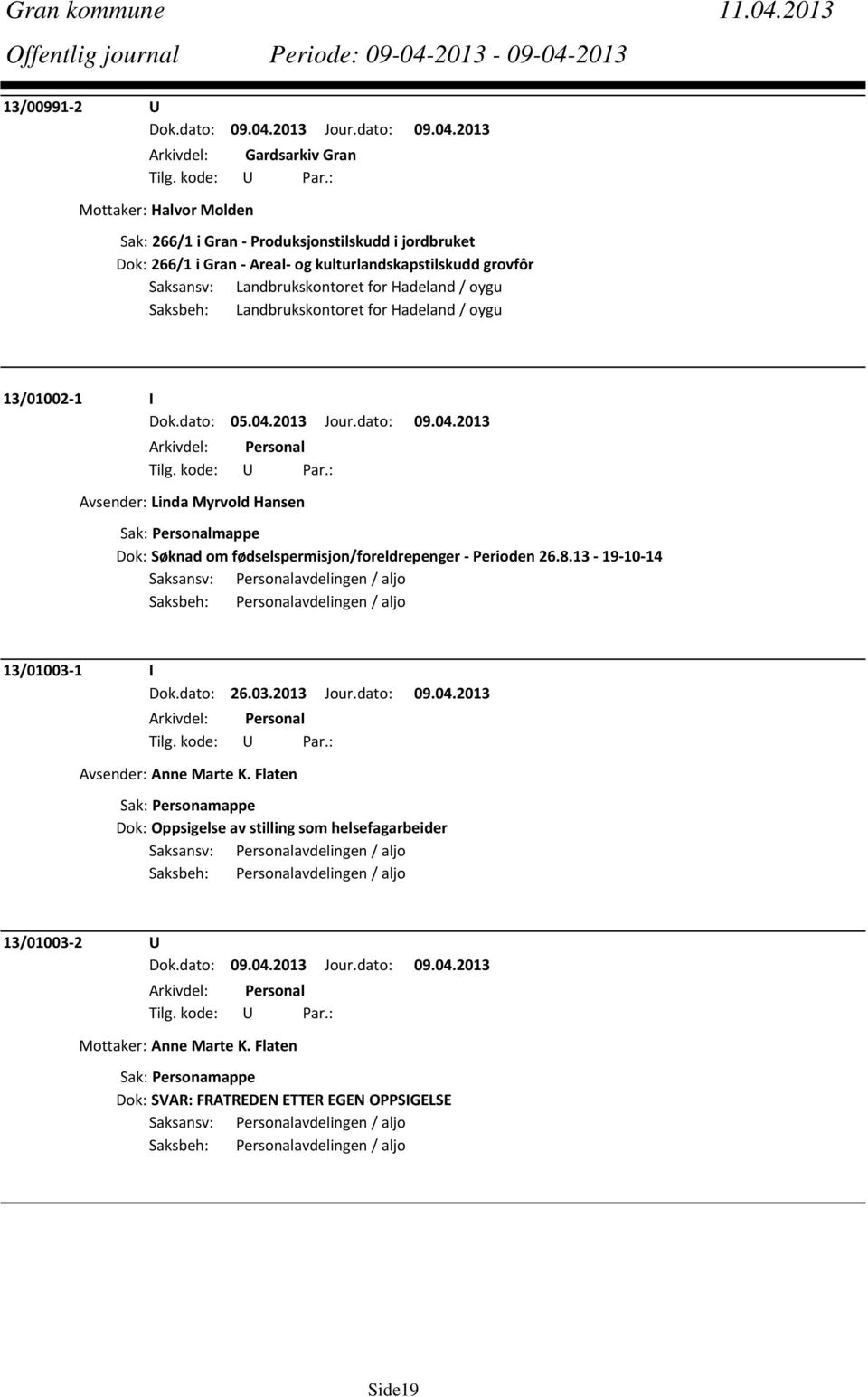 Saksansv: Landbrukskontoret for Hadeland / oygu Saksbeh: Landbrukskontoret for Hadeland / oygu 13/01002 1 I Dok.dato: 05.04.