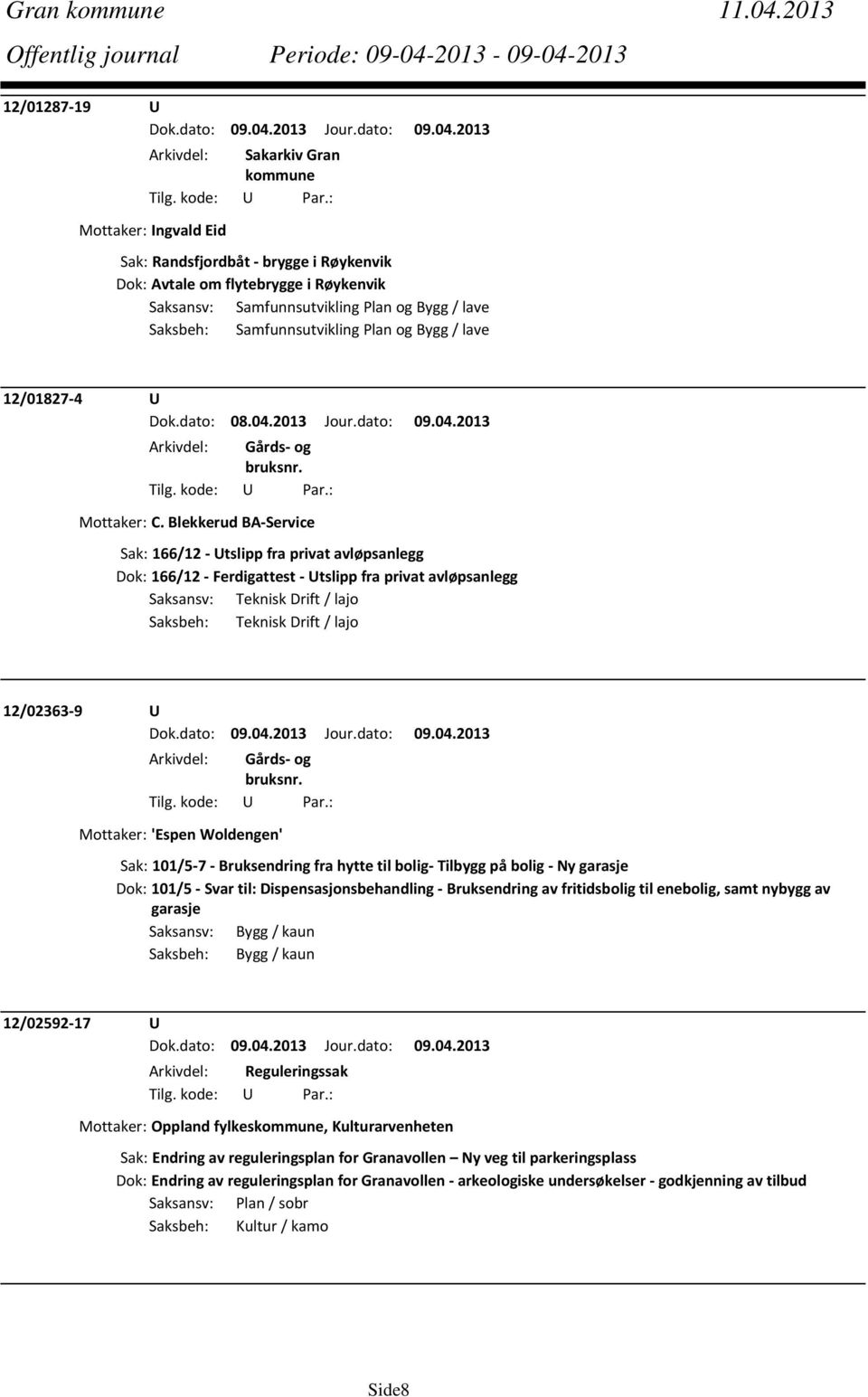 og Bygg / lave 12/01827 4 U Dok.dato: 08.04.2013 Jour.dato: 09.04.2013 Mottaker: C.