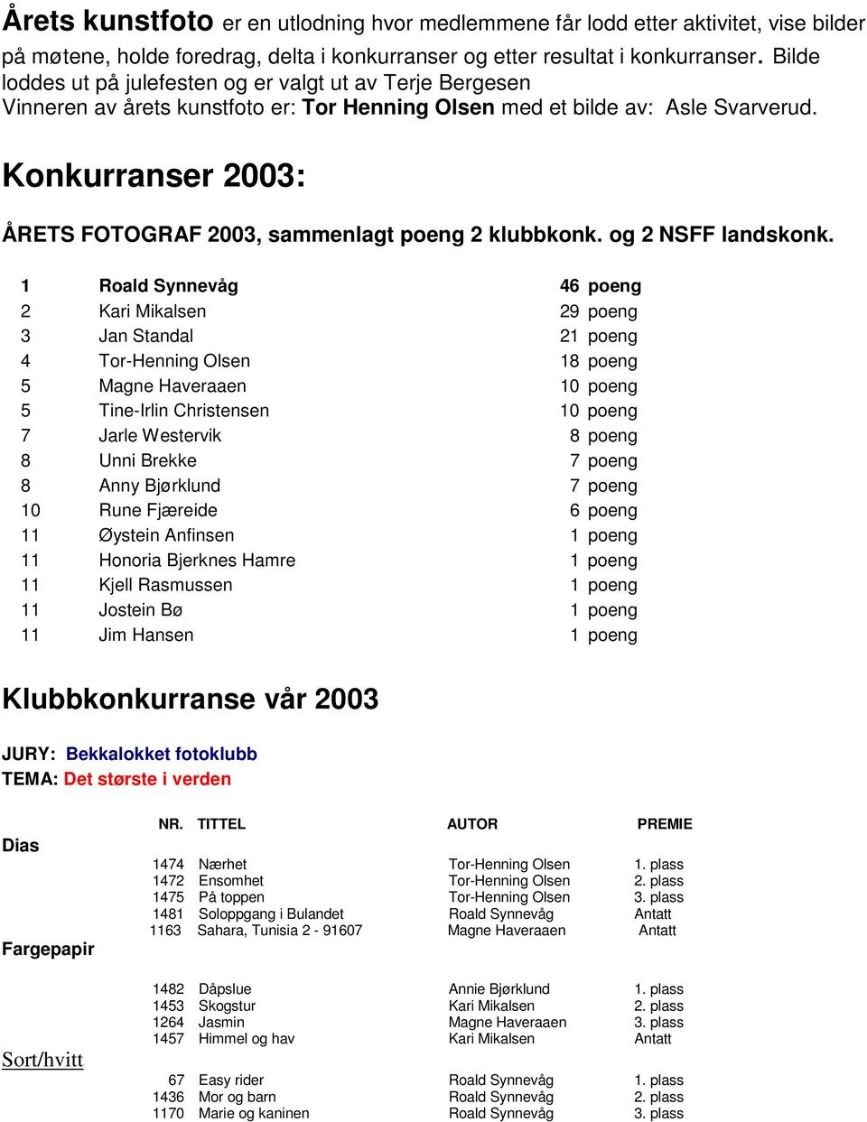 Konkurranser 2003: ÅRETS FOTOGRAF 2003, sammenlagt poeng 2 klubbkonk. og 2 NSFF landskonk.