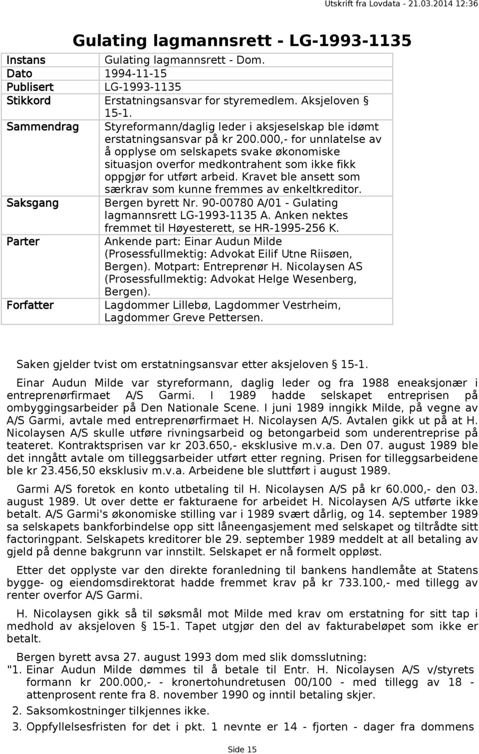 000,- for unnlatelse av å opplyse om selskapets svake økonomiske situasjon overfor medkontrahent som ikke fikk oppgjør for utført arbeid.