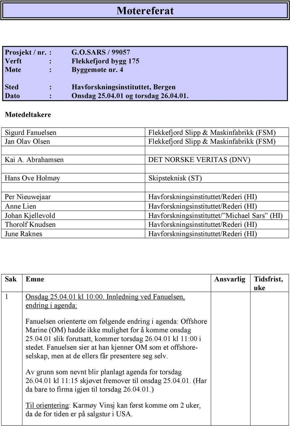 Abrahamsen Hans Ove Holmøy Per Nieuwejaar Anne Lien Johan Kjellevold Thorolf Knudsen June Raknes Flekkefjord Slipp & Maskinfabrikk (FSM) Flekkefjord Slipp & Maskinfabrikk (FSM) DET NORSKE VERITAS