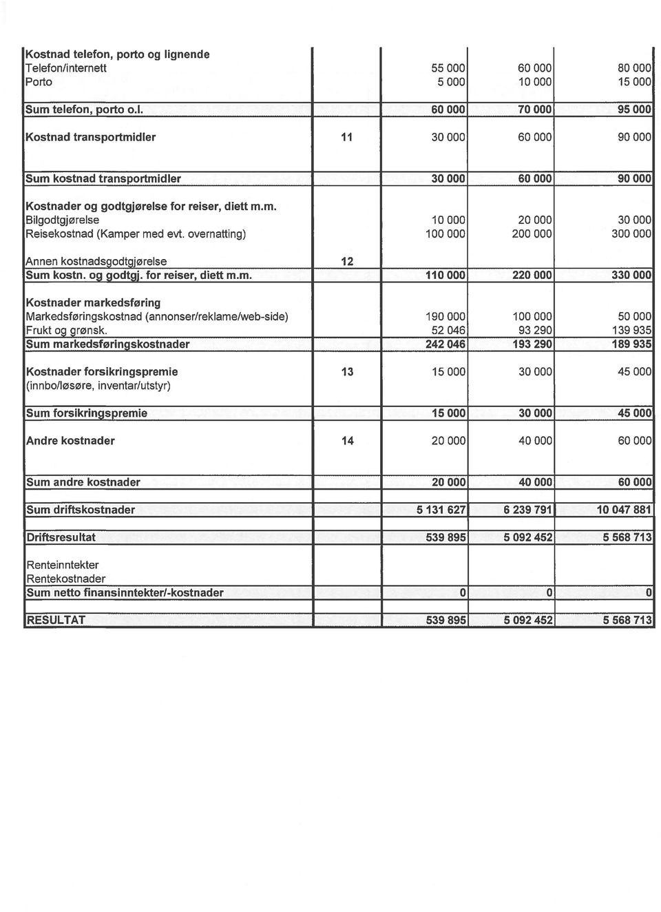 52046 93290 139935 Sum markedsføringskostnader 242 046 193 290 189 935 Kostnaderforsikringspremie 13 15000 30000 45000 (innbo/iøsøre, inventar/utstyr) Sum forsikringspremie 15 000 30 000 45 000 Andre