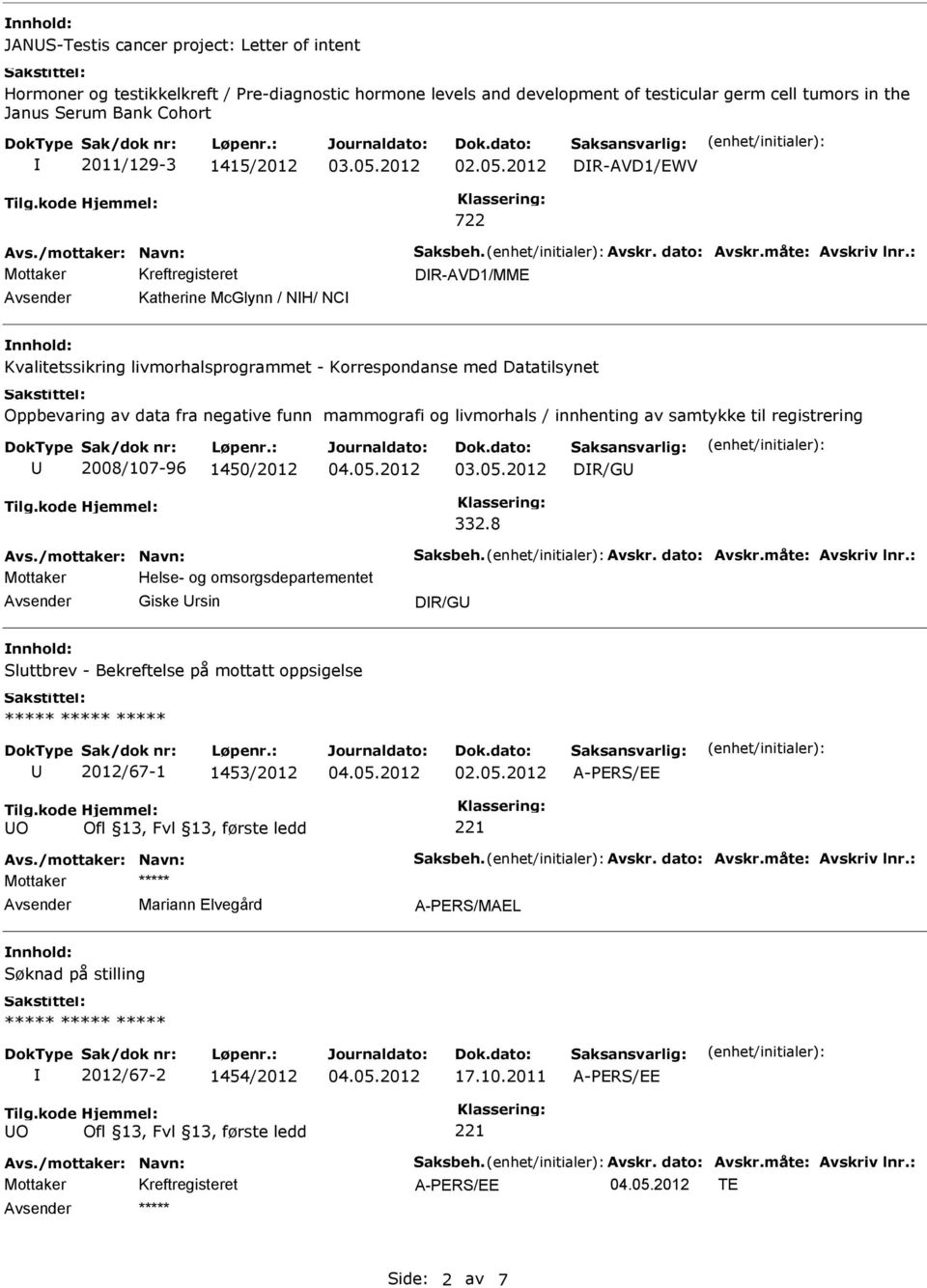 2012 DR-AVD1/EWV DR-AVD1/MME Katherine McGlynn / NH/ NC Kvalitetssikring livmorhalsprogrammet - Korrespondanse med Datatilsynet Oppbevaring av data fra negative funn mammografi og livmorhals /