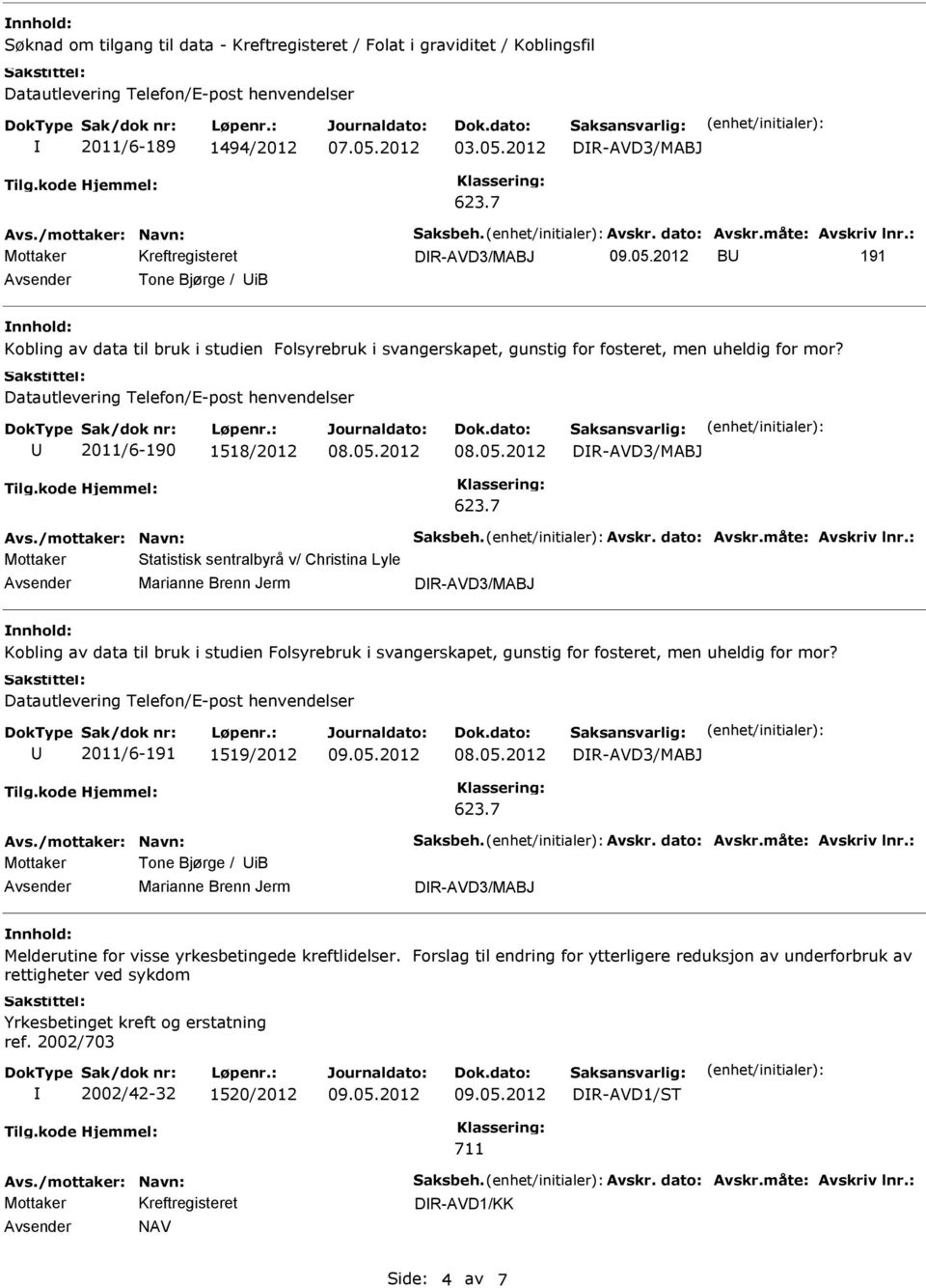 Datautlevering Telefon/E-post henvendelser 2011/6-190 1518/2012 08.05.