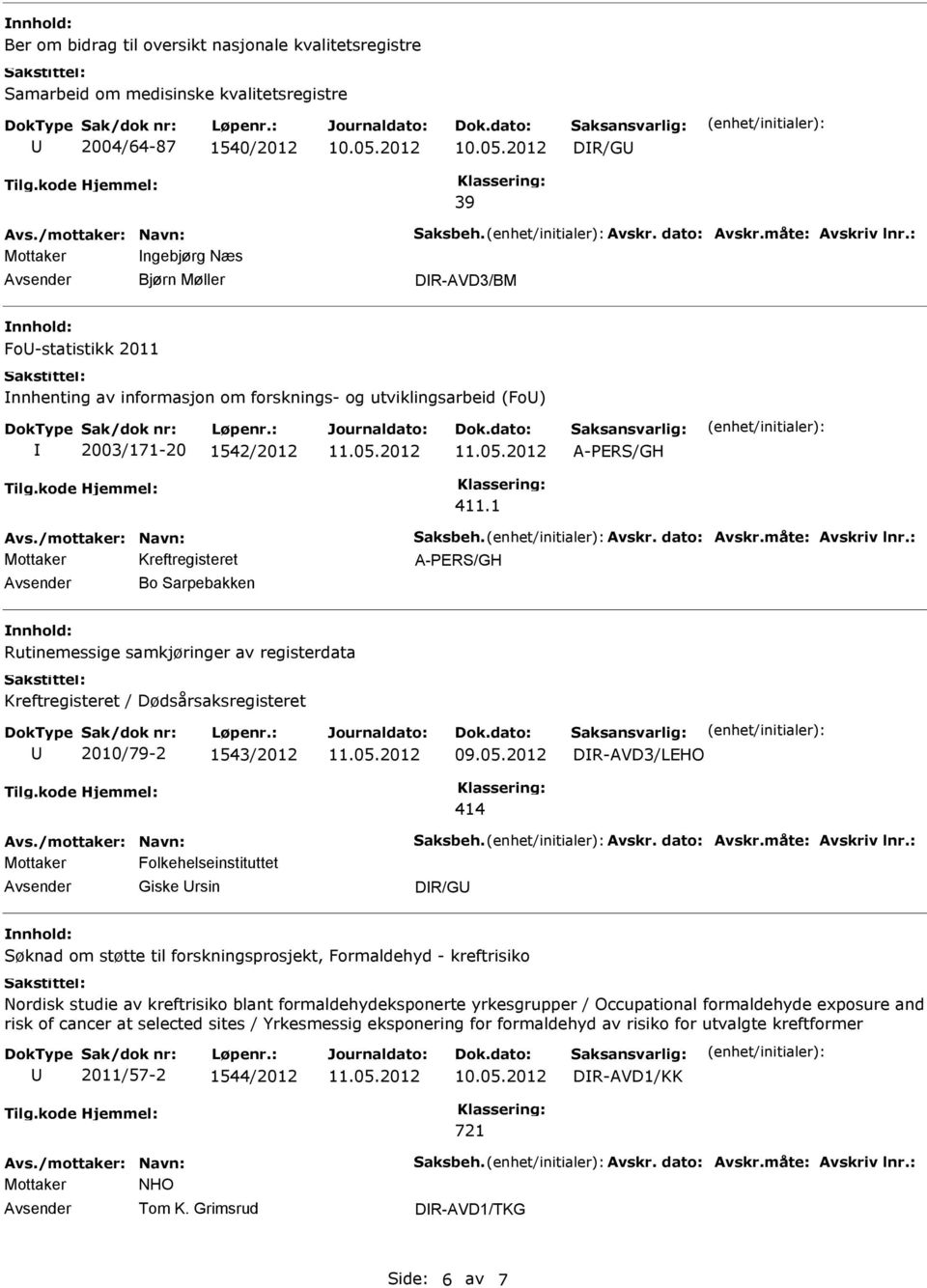 1 A-PERS/GH Bo Sarpebakken Rutinemessige samkjøringer av registerdata Kreftregisteret / Dødsårsaksregisteret 2010/79-2 1543/2012 DR-AVD3/LEHO 414 Mottaker Folkehelseinstituttet Giske rsin DR/G Søknad