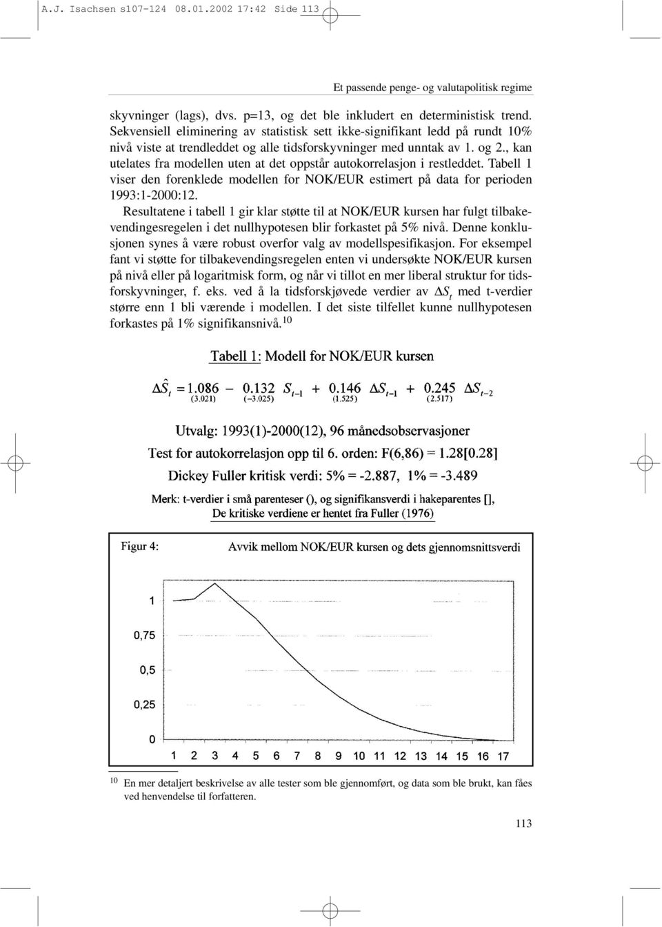 , kan utelates fra modellen uten at det oppstår autokorrelasjon i restleddet. Tabell 1 viser den forenklede modellen for NOK/EUR estimert på data for perioden 1993:1-2000:12.