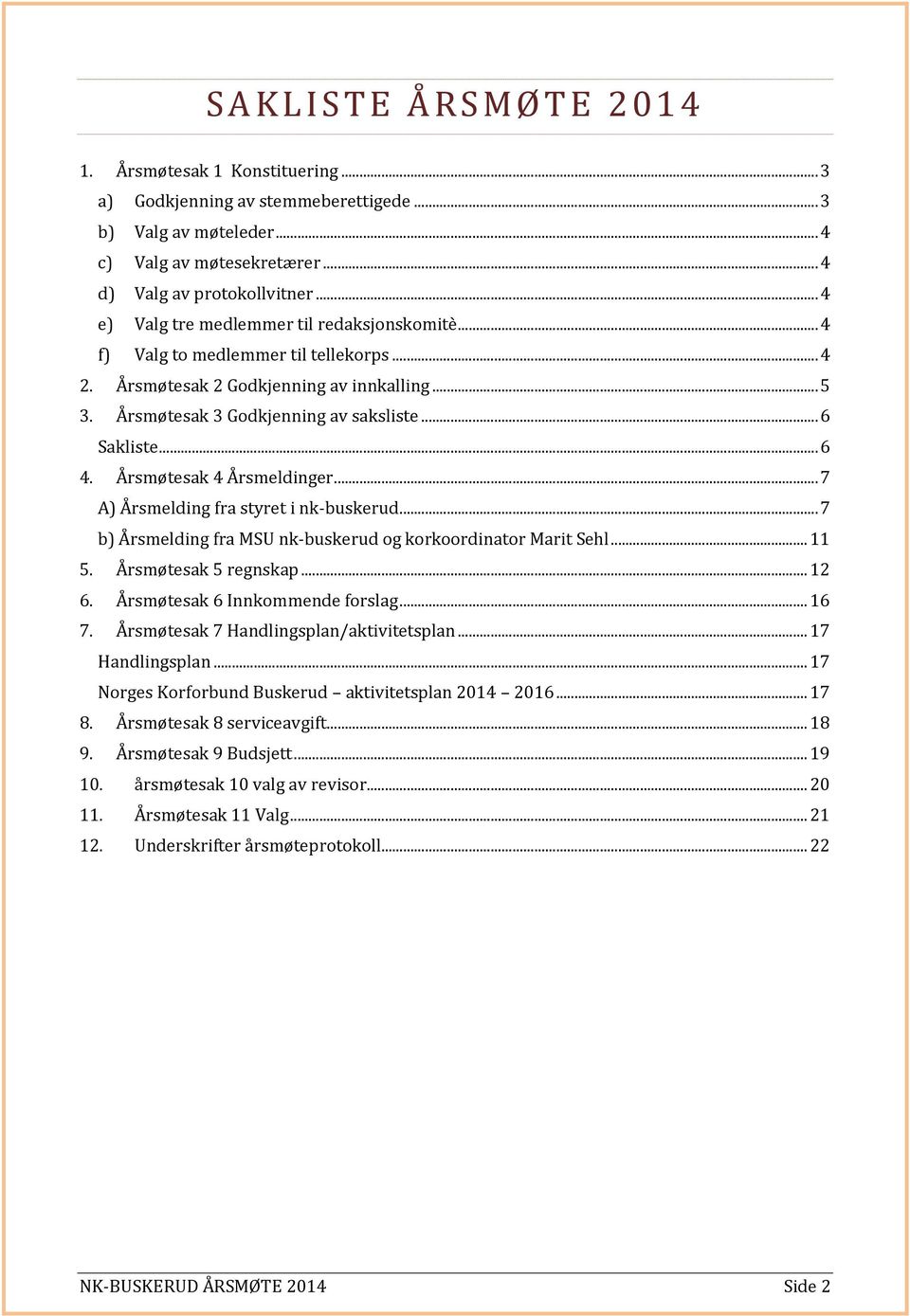 .. 6 4. Årsmøtesak 4 Årsmeldinger... 7 A) Årsmelding fra styret i nk-buskerud... 7 b) Årsmelding fra MSU nk-buskerud og korkoordinator Marit Sehl... 11 5. Årsmøtesak 5 regnskap... 12 6.