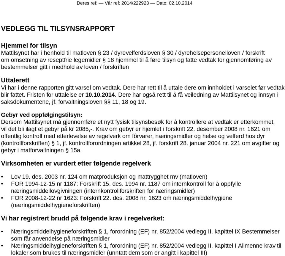 hjemmel til å føre tilsyn og fatte vedtak for gjennomføring av bestemmelser gitt i medhold av loven / forskriften Uttalerett Vi har i denne rapporten gitt varsel om vedtak.