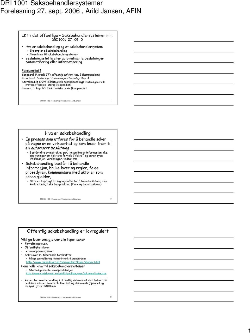 Statskonsult (1998) Elektronisk saksbehandling: Statens generelle kravspesifikasjon- utdrag (kompendiet) Fonnes, I.: kap. 6.5 Elektroniske arkiv (kompendiet DRI1001 H06 - Forelesning 27.