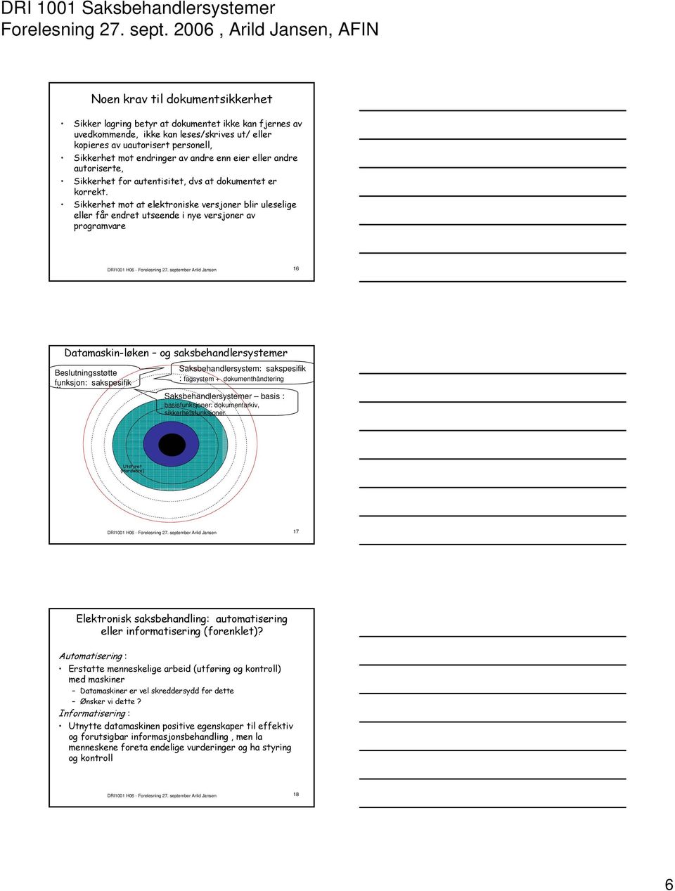 Sikkerhet mot at elektroniske versjoner blir uleselige eller får endret utseende i nye versjoner av programvare DRI1001 H06 - Forelesning 27.