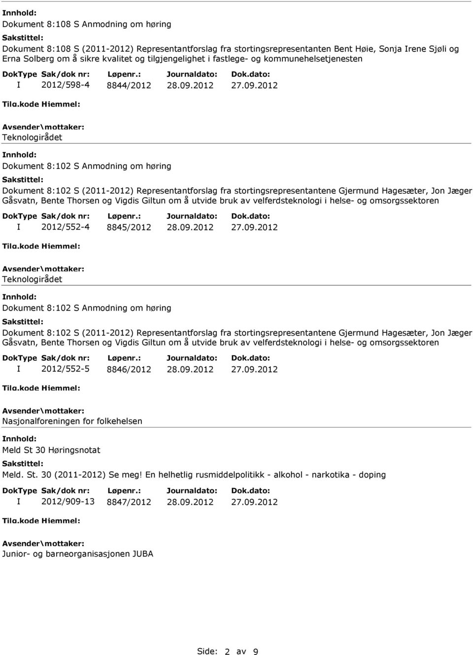 Hagesæter, Jon Jæger Gåsvatn, Bente Thorsen og Vigdis Giltun om å utvide bruk av velferdsteknologi i helse- og omsorgssektoren 2012/552-4 8845/2012 Teknologirådet Dokument 8:102 S Anmodning om høring