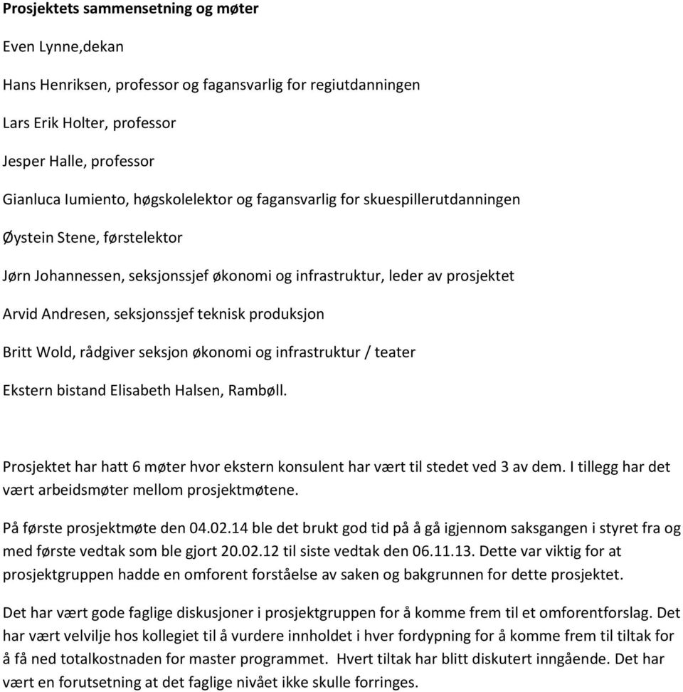 Britt Wold, rådgiver seksjon økonomi og infrastruktur / teater Ekstern bistand Elisabeth Halsen, Rambøll. Prosjektet har hatt 6 møter hvor ekstern konsulent har vært til stedet ved 3 av dem.