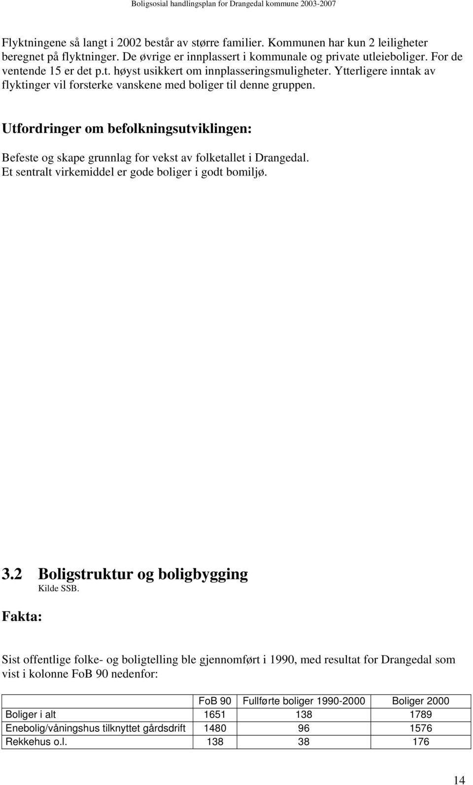 Utfordringer om befolkningsutviklingen: Befeste og skape grunnlag for vekst av folketallet i Drangedal. Et sentralt virkemiddel er gode boliger i godt bomiljø. 3.