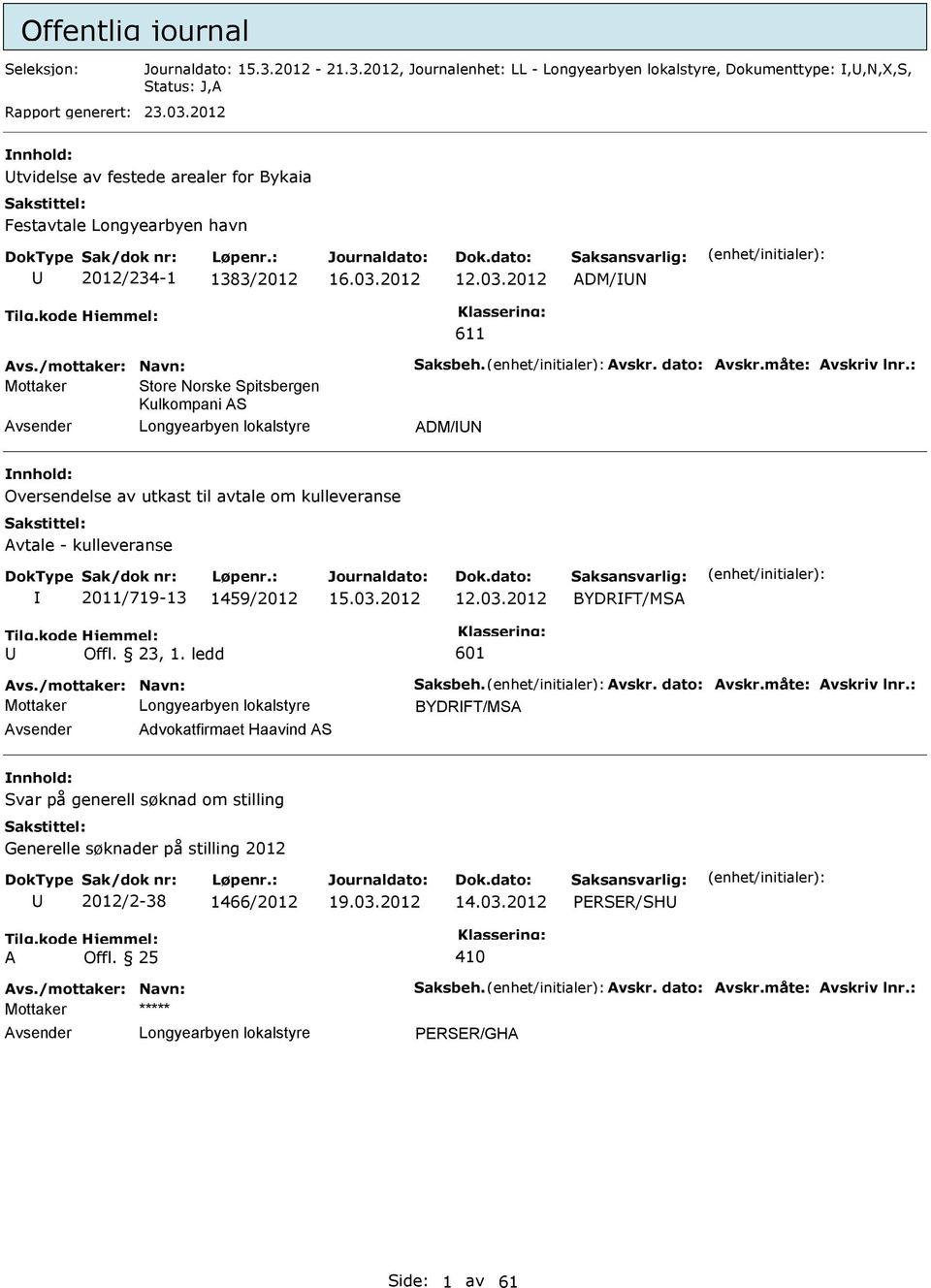 2012 DM/N 611 Store Norske Spitsbergen Kulkompani S vsender DM/N Oversendelse av utkast til avtale om kulleveranse vtale - kulleveranse 2011/719-13