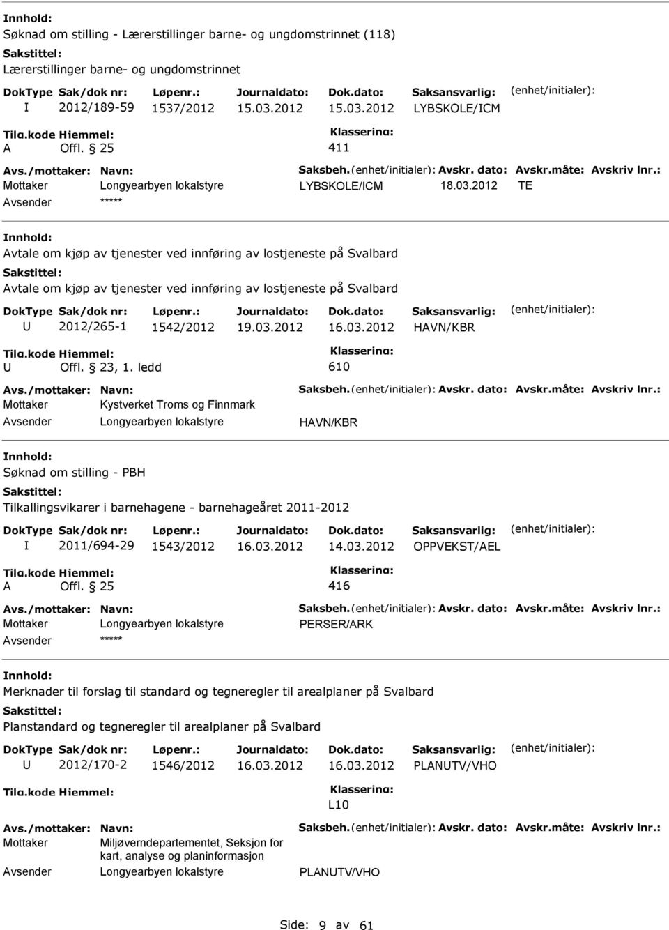 ledd 610 Kystverket Troms og Finnmark vsender HVN/KBR Søknad om stilling - PBH Tilkallingsvikarer i barnehagene - barnehageåret 2011-2012 2011/694-29 1543/2012 14.03.