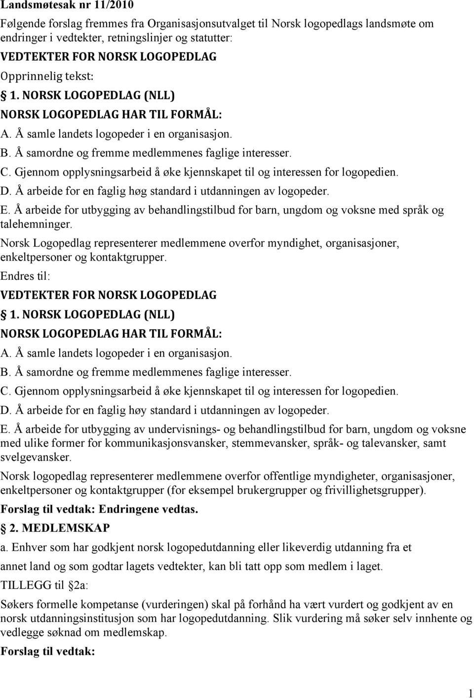 Gjennom opplysningsarbeid å øke kjennskapet til og interessen for logopedien. D. Å arbeide for en faglig høg standard i utdanningen av logopeder. E.