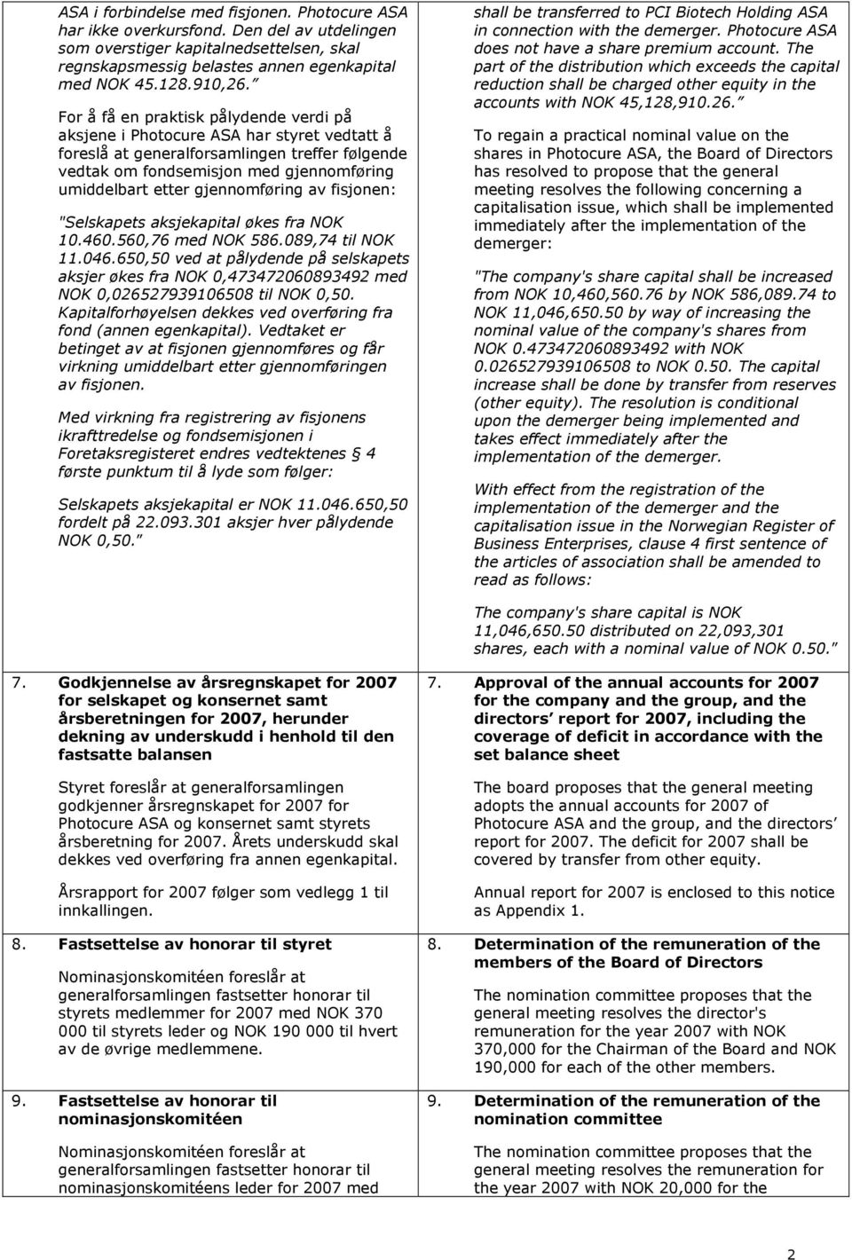gjennomføring av fisjonen: "Selskapets aksjekapital økes fra NOK 10.460.560,76 med NOK 586.089,74 til NOK 11.046.