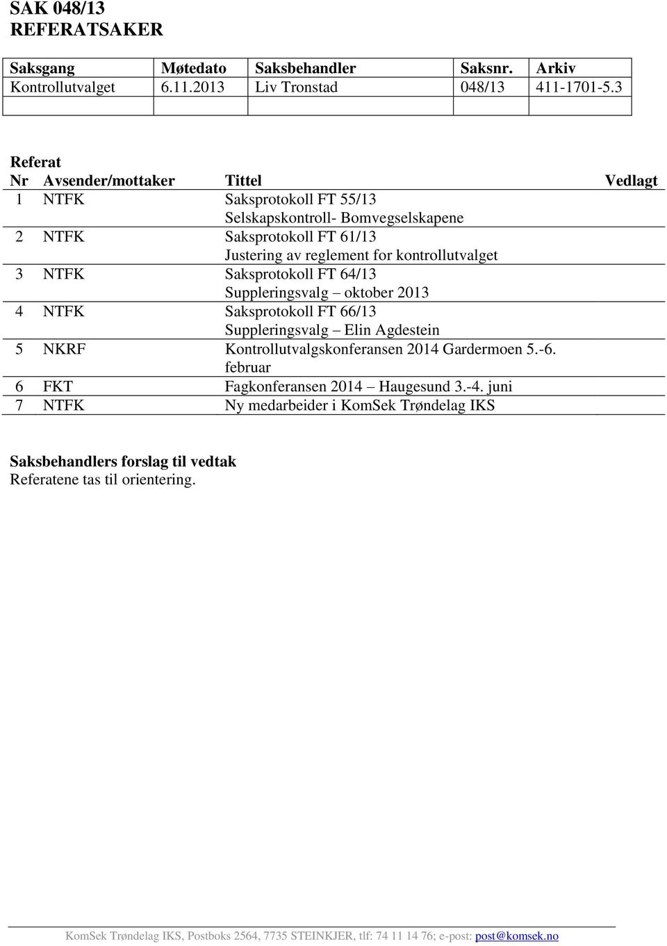 for kontrollutvalget 3 NTFK Saksprotokoll FT 64/13 Suppleringsvalg oktober 2013 4 NTFK Saksprotokoll FT 66/13 Suppleringsvalg Elin Agdestein 5 NKRF