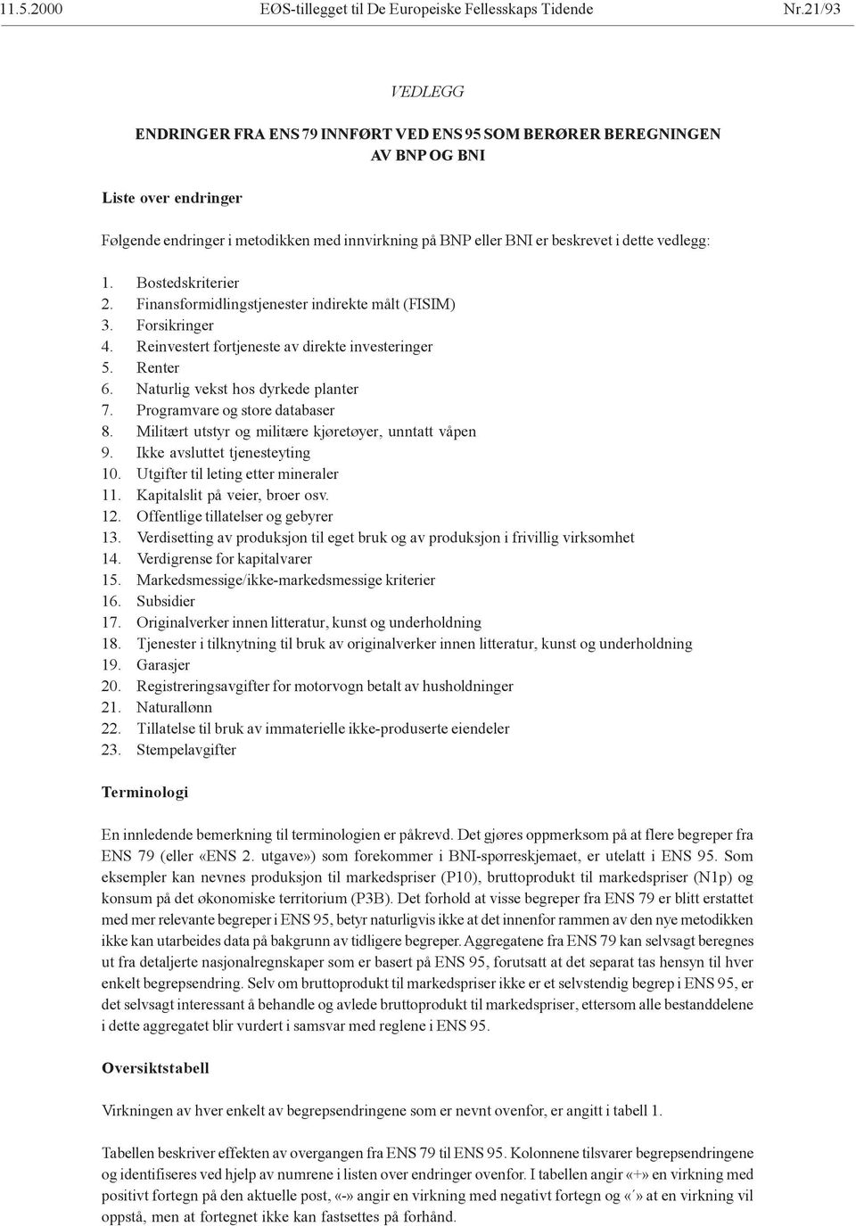 vedlegg: 1. Bostedskriterier 2. Finansformidlingstjenester indirekte målt (FISIM) 3. Forsikringer 4. Reinvestert fortjeneste av direkte investeringer 5. Renter 6. Naturlig vekst hos dyrkede planter 7.