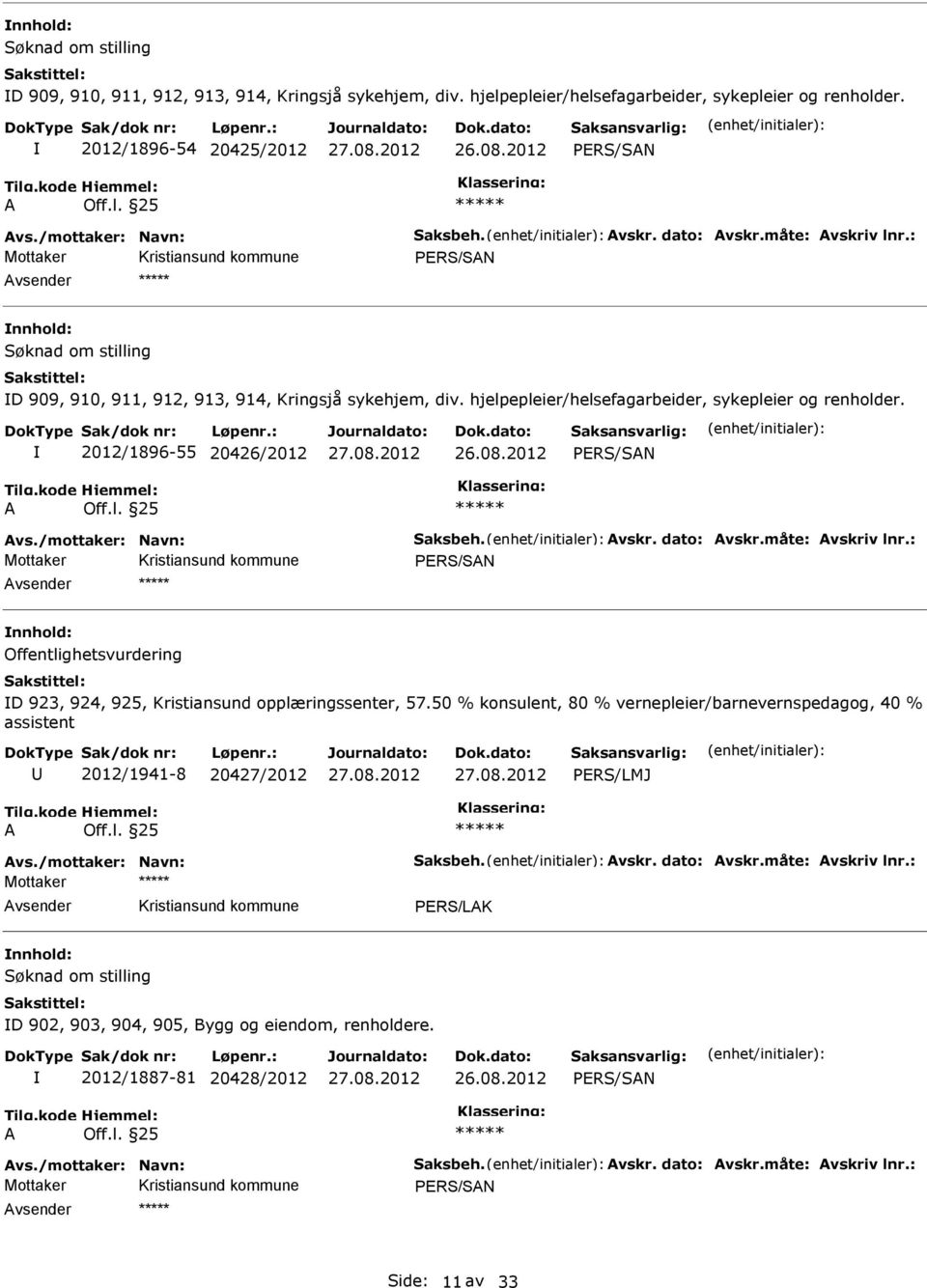 50 % konsulent, 80 % vernepleier/barnevernspedagog, 40 % assistent 2012/1941-8 20427/2012 PERS/LMJ Mottaker vsender Kristiansund kommune PERS/LK nnhold: